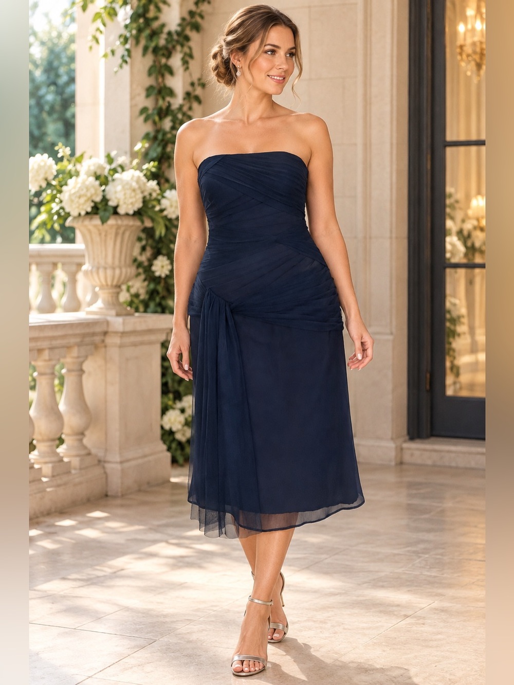 Vera Wang WHITE Navy Strapless Chiffon Midi Dress